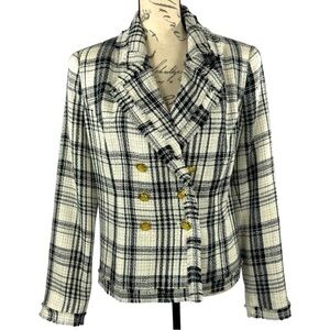 G By Guiliana Womens Double Breasted Black & Cream Plaid Cropped Blazer